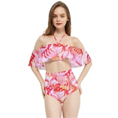 Cherry Blossom Cascades Abstract Floral Pattern Pink White  Halter Flowy Bikini Set 