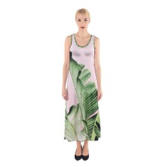 Palm Leaves On Pink Sleeveless Maxi Dress