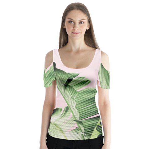 Palm Leaves On Pink Butterfly Sleeve Cutout Tee  by goljakoff