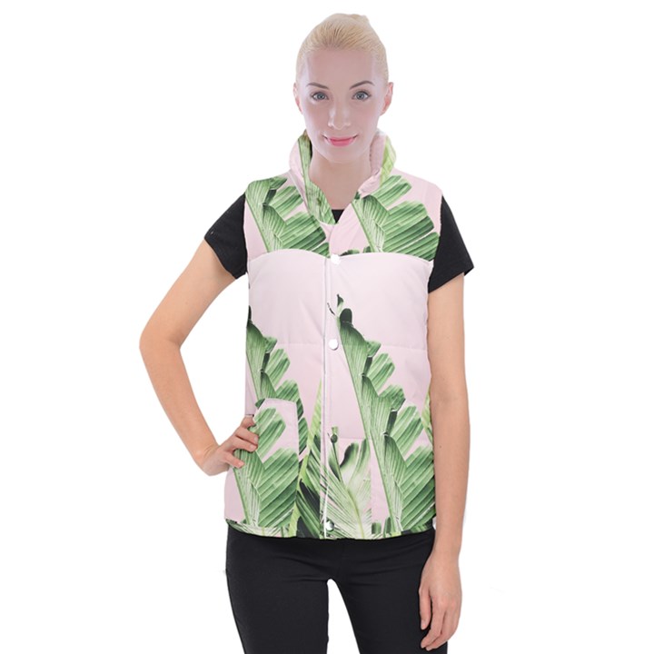 Palm leaves on pink Women s Button Up Vest