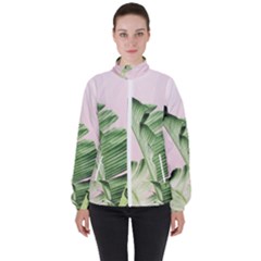 Palm Leaves On Pink Women s High Neck Windbreaker by goljakoff