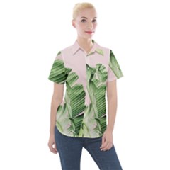 Palm Leaves On Pink Women s Short Sleeve Pocket Shirt