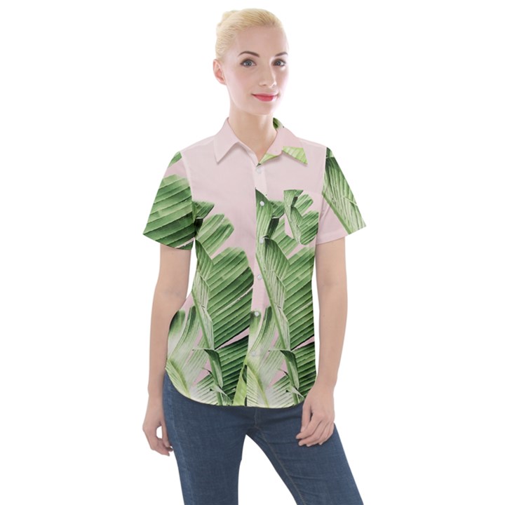 Palm leaves on pink Women s Short Sleeve Pocket Shirt