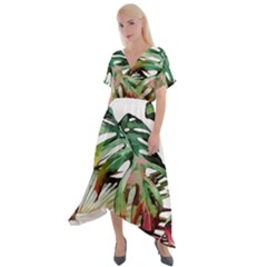 Tropical Leaves Cross Front Sharkbite Hem Maxi Dress