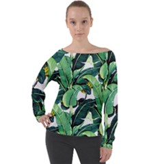 Banana Leaves Off Shoulder Long Sleeve Velour Top by goljakoff