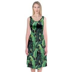 Night Banana Leaves Midi Sleeveless Dress by goljakoff