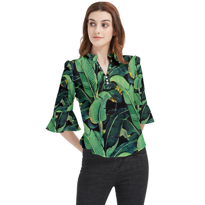 Night banana leaves Loose Horn Sleeve Chiffon Blouse