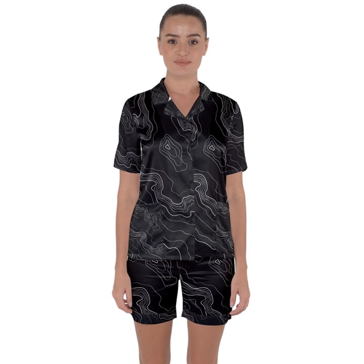 Black Topography Satin Short Sleeve Pajamas Set