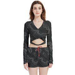 Black Topography Velvet Wrap Crop Top And Shorts Set by goljakoff