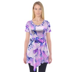 Hydrangea Blossoms Fantasy Gardens Pastel Pink And Blue Short Sleeve Tunic  by CrypticFragmentsDesign