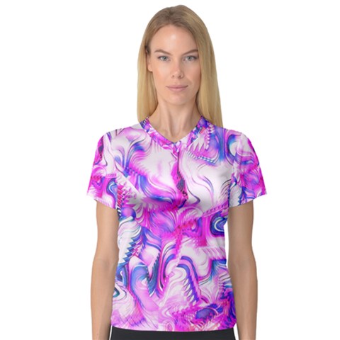 Hot Pink Fuchsia Flower Fantasy  V-neck Sport Mesh Tee by CrypticFragmentsDesign