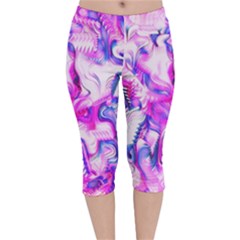 Hot Pink Fuchsia Flower Fantasy  Velvet Capri Leggings  by CrypticFragmentsDesign