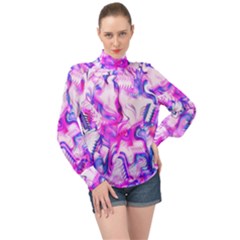 Hot Pink Fuchsia Flower Fantasy  High Neck Long Sleeve Chiffon Top by CrypticFragmentsDesign