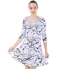 Black And White Grunge Abstract Print Quarter Sleeve Front Wrap Dress