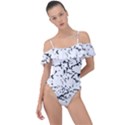 Black And White Grunge Abstract Print Frill Detail One Piece Swimsuit View1