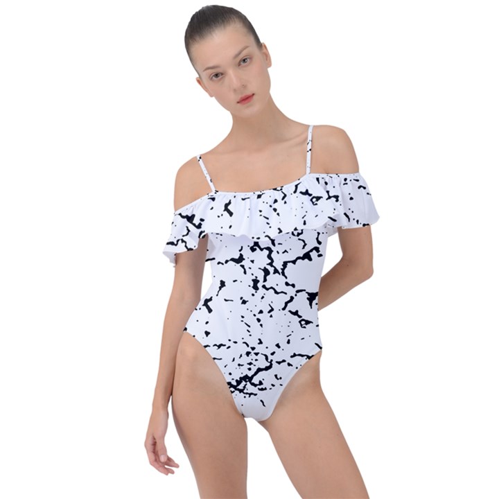 Black And White Grunge Abstract Print Frill Detail One Piece Swimsuit