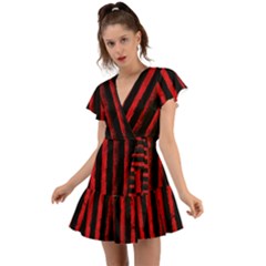 Red Lines Flutter Sleeve Wrap Dress by goljakoff