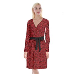 Red And Black Leopard Spots, Animal Fur Long Sleeve Velvet Front Wrap Dress by Casemiro