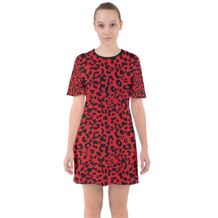 Red and black leopard spots, animal fur Sixties Short Sleeve Mini Dress