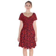 Red And Black Leopard Spots, Animal Fur Short Sleeve Bardot Dress by Casemiro