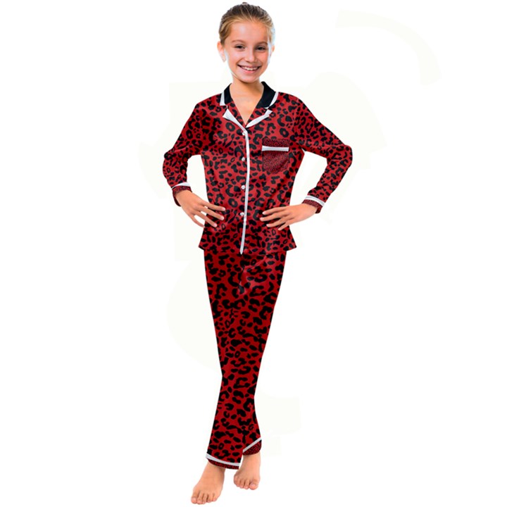 Red and black leopard spots, animal fur Kid s Satin Long Sleeve Pajamas Set