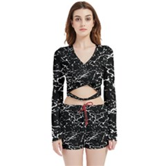 Black And White Grunge Abstract Print Velvet Wrap Crop Top And Shorts Set by dflcprintsclothing