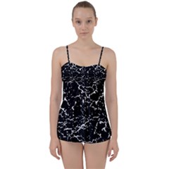 Black And White Grunge Abstract Print Babydoll Tankini Set