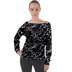 Black And White Grunge Abstract Print Off Shoulder Long Sleeve Velour Top