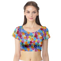 Pansies  Watercolor Flowers Short Sleeve Crop Top by SychEva