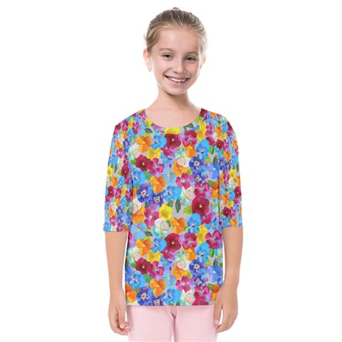 Pansies  Watercolor Flowers Kids  Quarter Sleeve Raglan Tee by SychEva