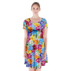 Pansies  Watercolor Flowers Short Sleeve V-neck Flare Dress by SychEva