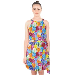 Pansies  Watercolor Flowers Halter Collar Waist Tie Chiffon Dress by SychEva