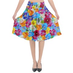 Pansies  Watercolor Flowers Flared Midi Skirt by SychEva