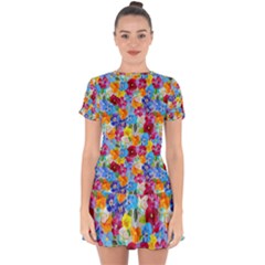 Pansies  Watercolor Flowers Drop Hem Mini Chiffon Dress by SychEva