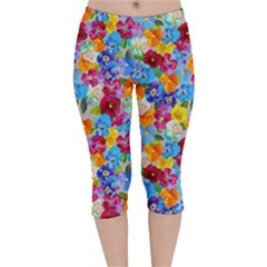 Pansies  Watercolor Flowers Velvet Capri Leggings  by SychEva