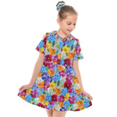 Pansies  Watercolor Flowers Kids  Short Sleeve Shirt Dress by SychEva