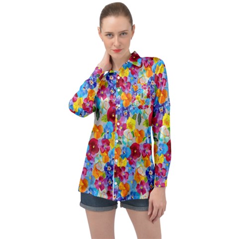 Pansies  Watercolor Flowers Long Sleeve Satin Shirt by SychEva