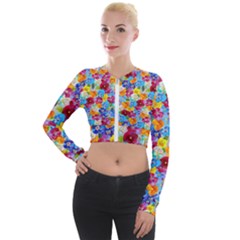 Pansies  Watercolor Flowers Long Sleeve Cropped Velvet Jacket by SychEva