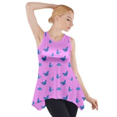 Blue Butterflies At Pastel Pink Color Background Side Drop Tank Tunic by Casemiro