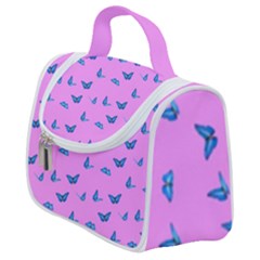 Blue Butterflies At Pastel Pink Color Background Satchel Handbag by Casemiro