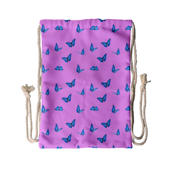 Blue butterflies at pastel pink color background Drawstring Bag (Small)