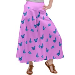 Blue Butterflies At Pastel Pink Color Background Satin Palazzo Pants by Casemiro