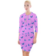 Blue Butterflies At Pastel Pink Color Background Quarter Sleeve Hood Bodycon Dress by Casemiro