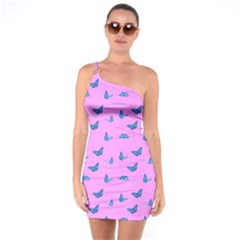 Blue Butterflies At Pastel Pink Color Background One Soulder Bodycon Dress