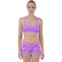 Blue Butterflies At Pastel Pink Color Background Perfect Fit Gym Set