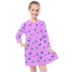 Blue Butterflies At Pastel Pink Color Background Kids  Quarter Sleeve Shirt Dress by Casemiro