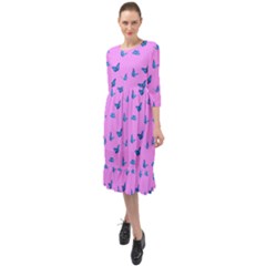 Blue Butterflies At Pastel Pink Color Background Ruffle End Midi Chiffon Dress by Casemiro