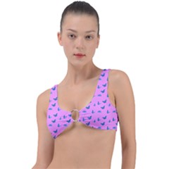 Blue Butterflies At Pastel Pink Color Background Ring Detail Bikini Top by Casemiro