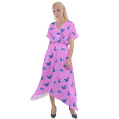 Blue Butterflies At Pastel Pink Color Background Cross Front Sharkbite Hem Maxi Dress