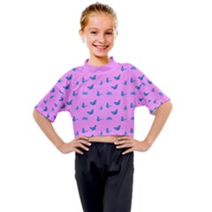 Blue Butterflies At Pastel Pink Color Background Kids Mock Neck Tee